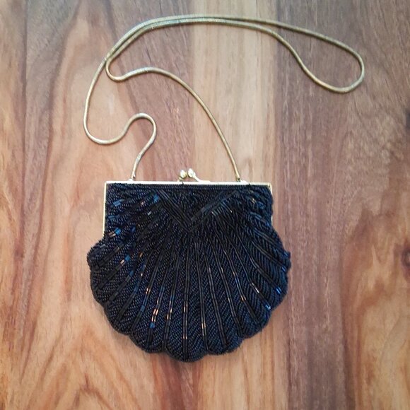 Handbags - Clam-shell Black Beaded Evening Bag